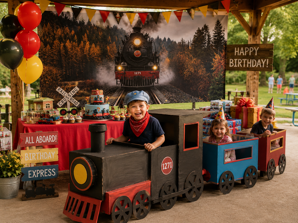 Steam Train Trunk or Treat Banner & Railroad Party Photo Backdrop - 3 Size Choices