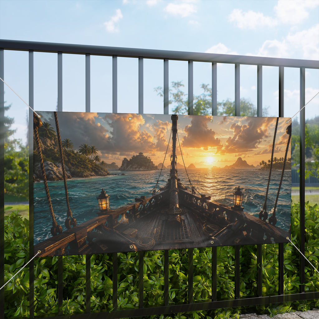Ship on the Ocean Sunset Matte Banner – TrunkScapes. Unfold Fun. Make a Scene.