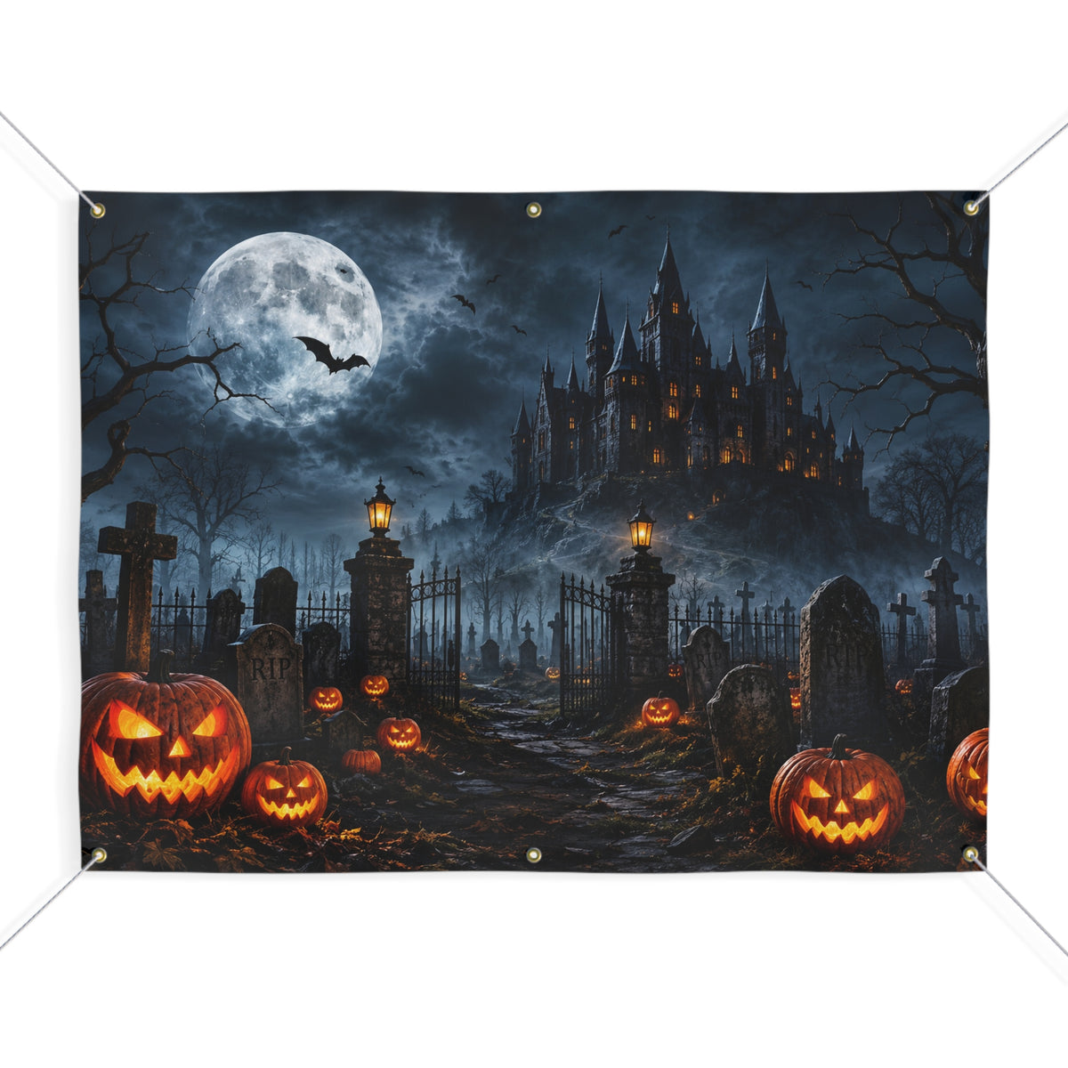 Halloween Graveyard Trunk or Treat Banner & Haunted House Party Photo Backdrop - 3 Size Choices