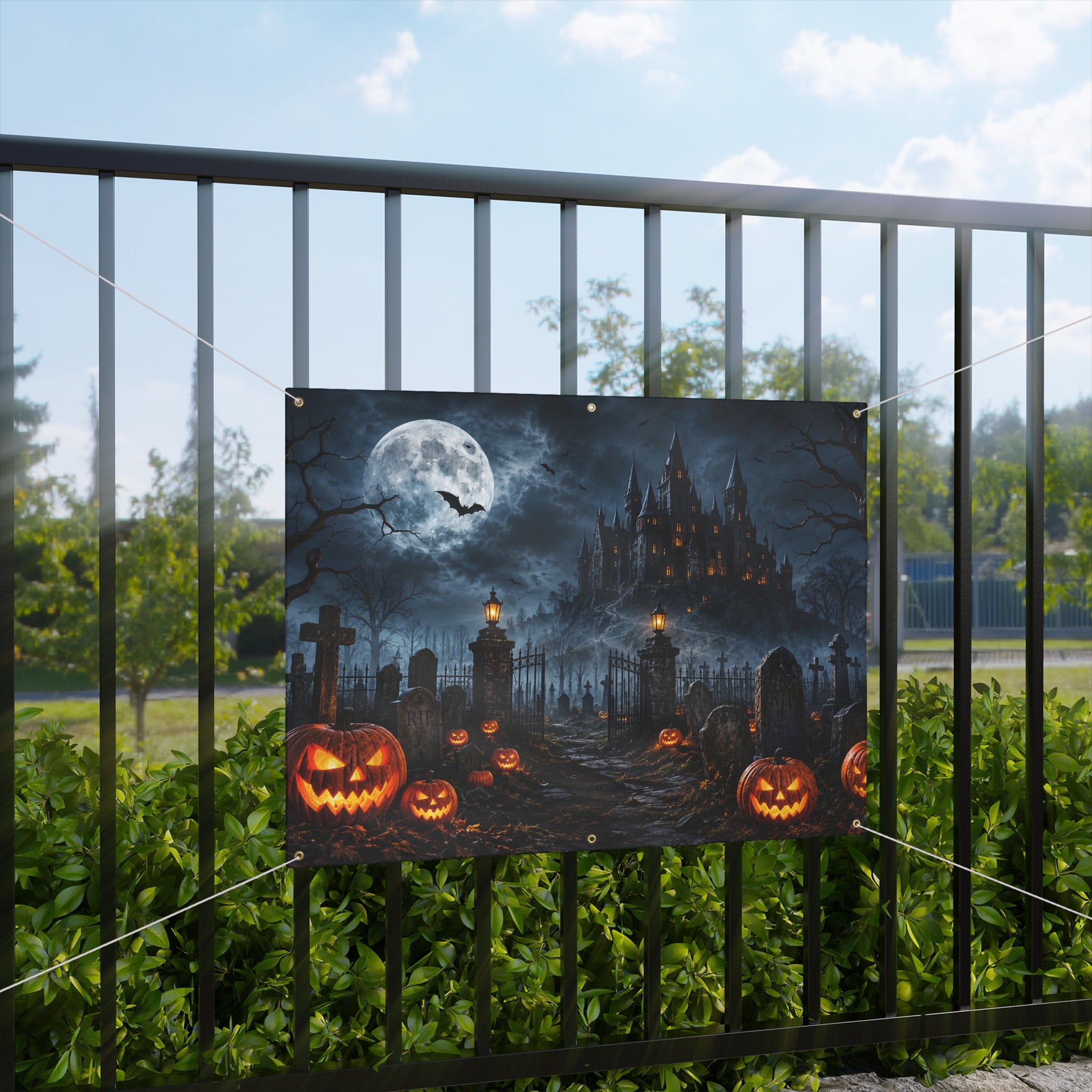 Halloween Graveyard Trunk or Treat Banner & Haunted House Party Photo Backdrop - 3 Size Choices